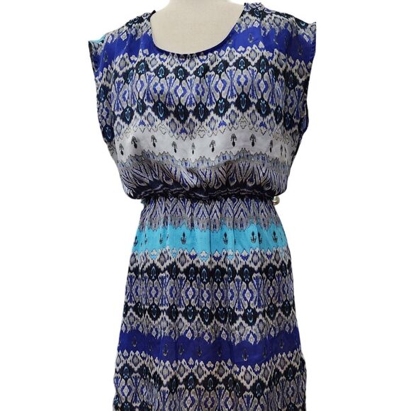 Forever 21 Bohemian Sleeveless Dress Elastic Waist Blue Print Size L Made in USA - Picture 5 of 10